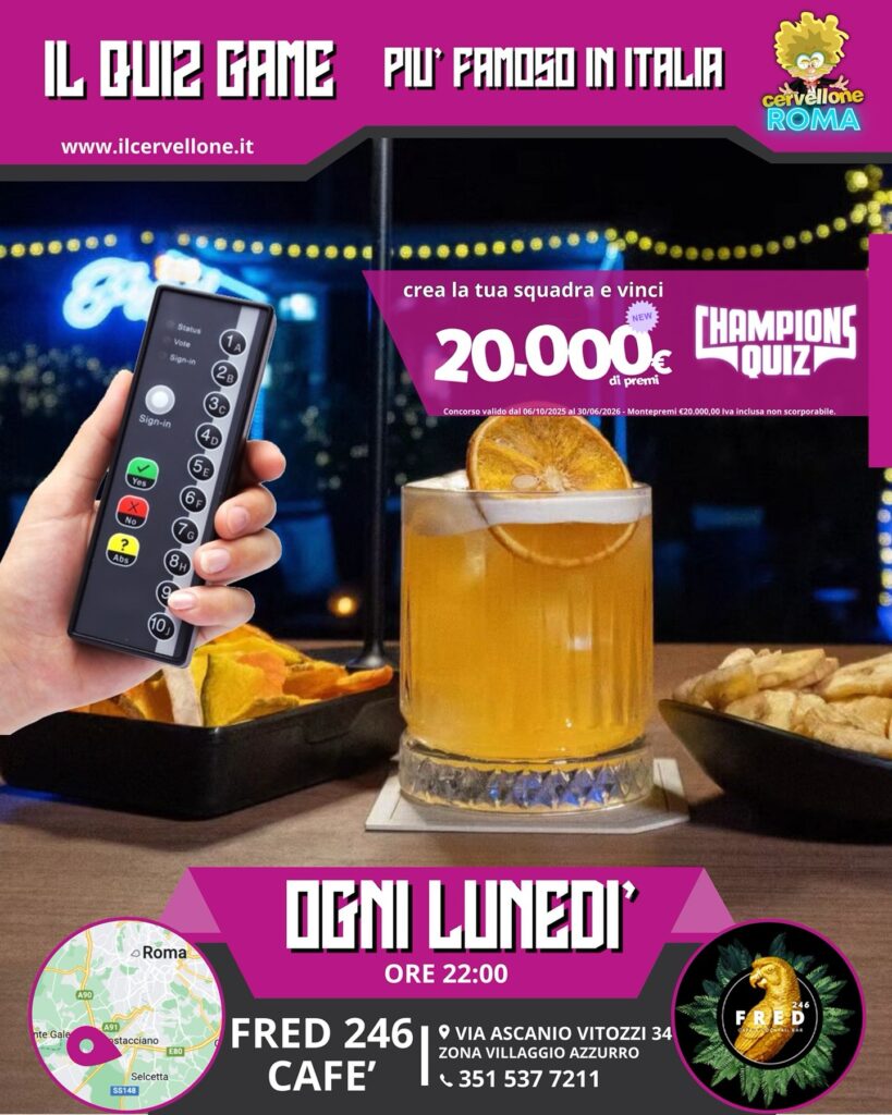 Attenzione, cervelloni! 

  TUTTI I LUNEDI

Il quiz del lunedì al Fred Café è uf...